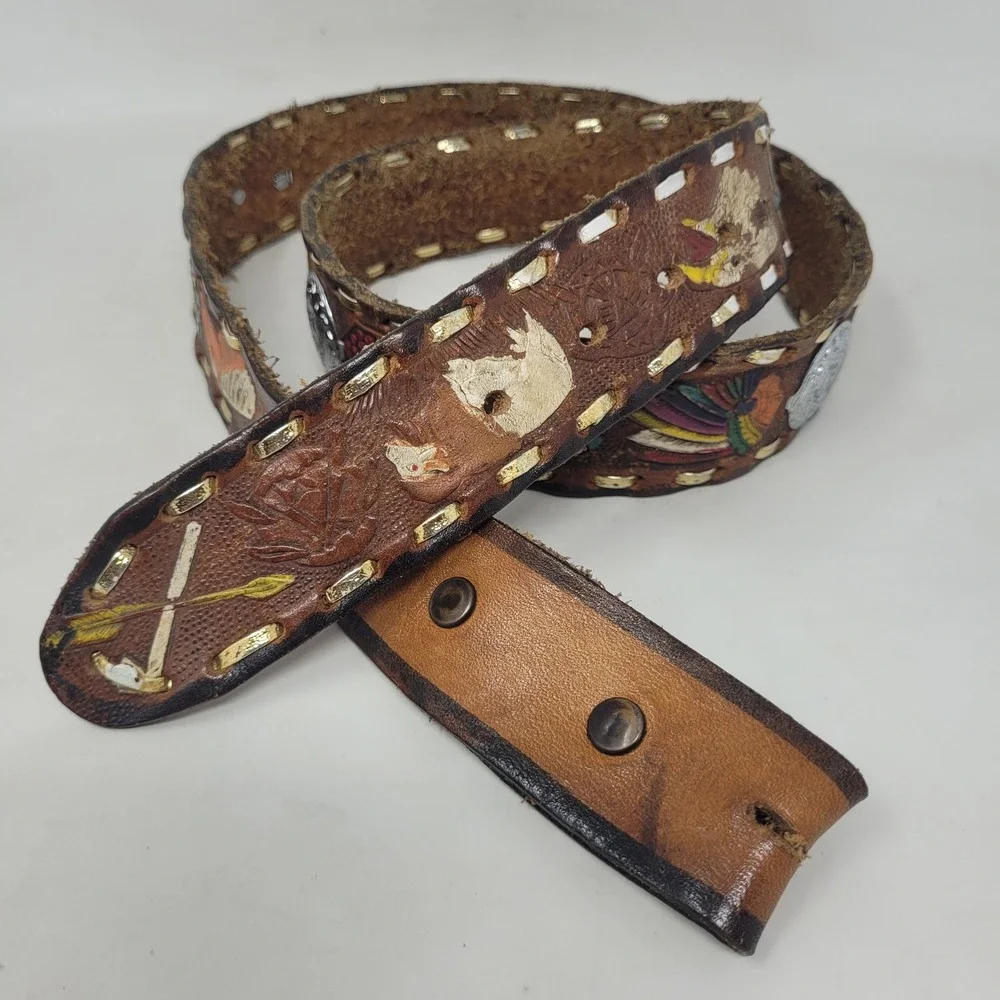 Brown Leather Belt 38 Painted Tooled Leather Concho Western Ranch Cowboy Rodeo